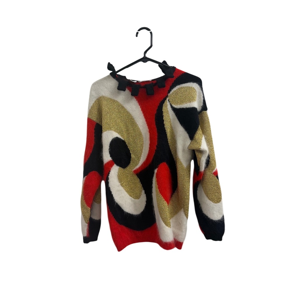 Sweater Abstract Vintage Unbranded Womens M Red Gold Angora Wool Graphic Knit